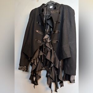 Black Satin Ruffle Statement Blouse Romantic Glam Evening Top